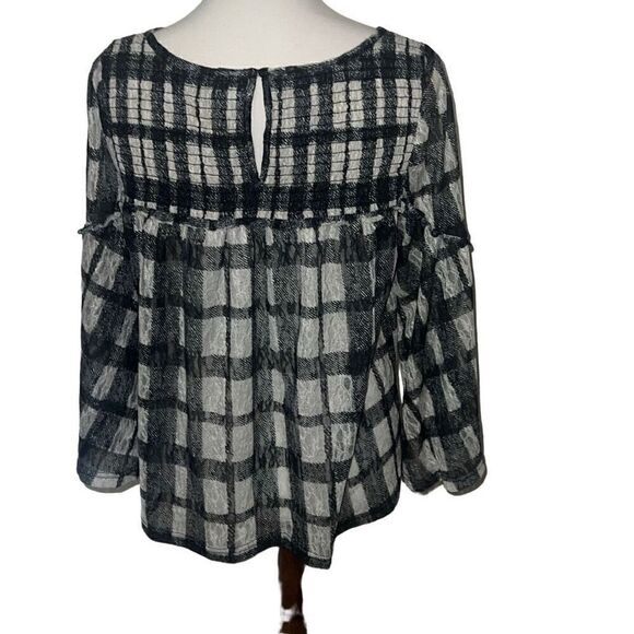 Anthropologie Akemi + Kin Patrizia Lace Plaid Blouse Flare Sleeves Size Medium M - Picture 3 of 10